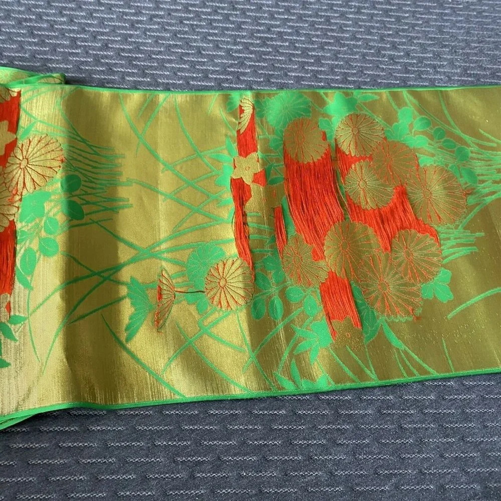 Vintage long Table Runner Oriental Satin Green Orange Floral 14 x 156